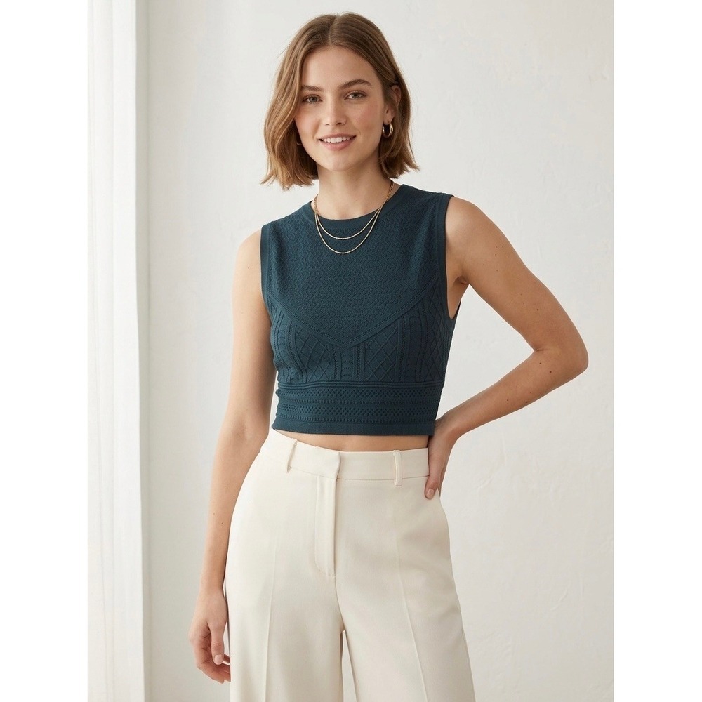 Babaton Aritzia Sculpt Knit Pointelle Cropped Tank Top Teal Green XS 76576